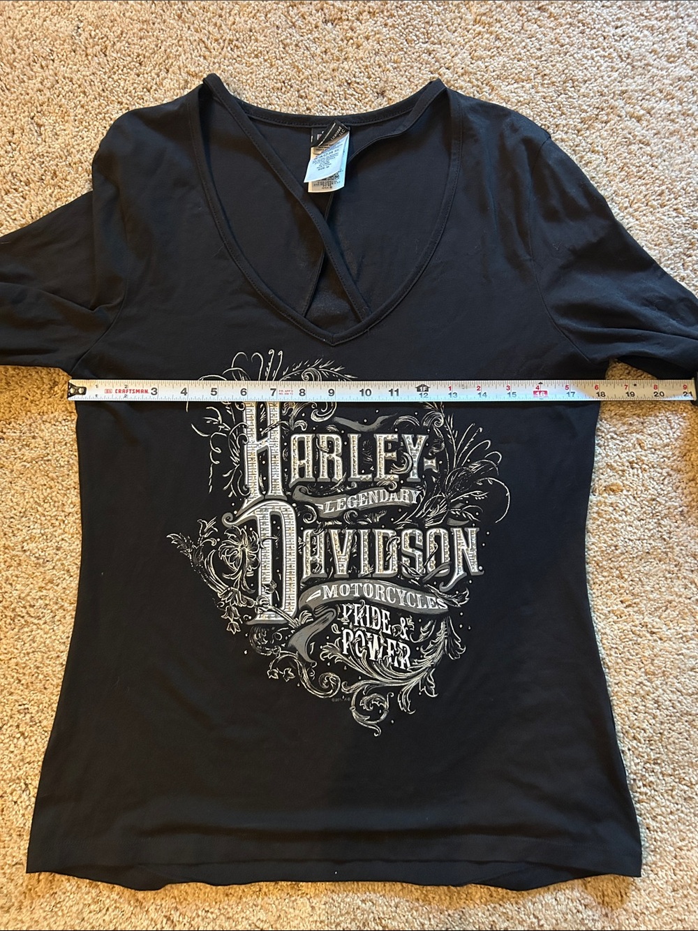 Harley-Davidson Black Long-Sleeve V-Neck Graphic Top with Crisscross Detail - Picture 6 of 7